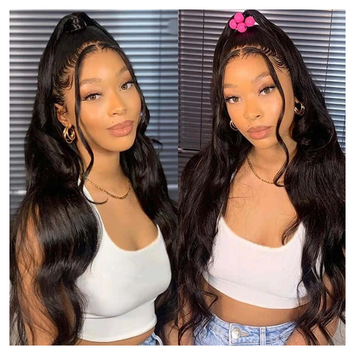 Natural black Body Wave virgin human hair wig with a 13-by-6-inch transparent lace front