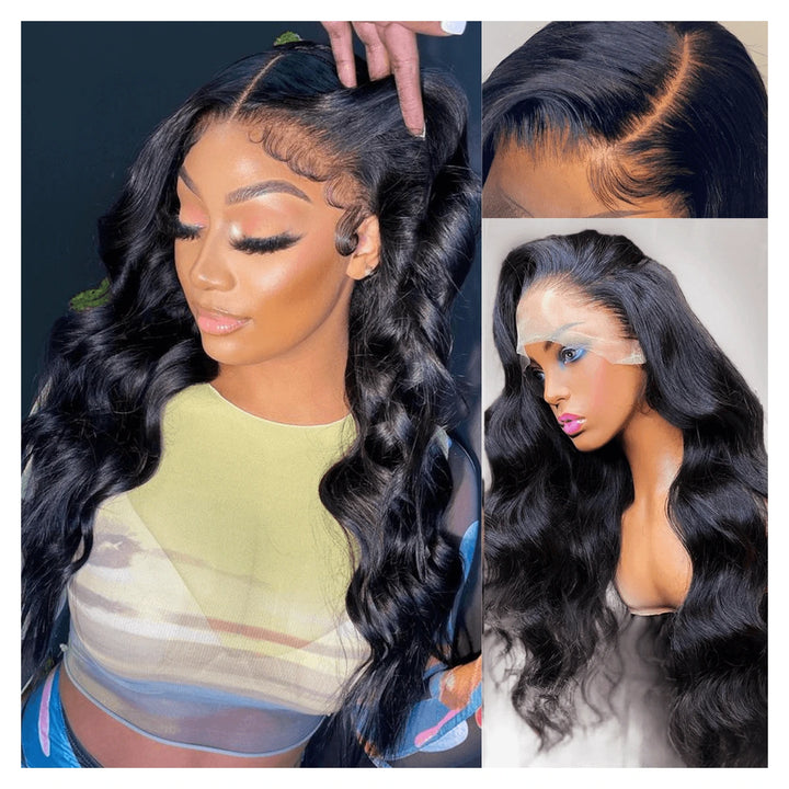 Natural black Body Wave virgin human hair wig with a 13-by-6-inch transparent lace front