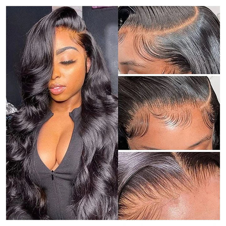 Natural black Body Wave virgin human hair wig with a 13-by-6-inch transparent lace front