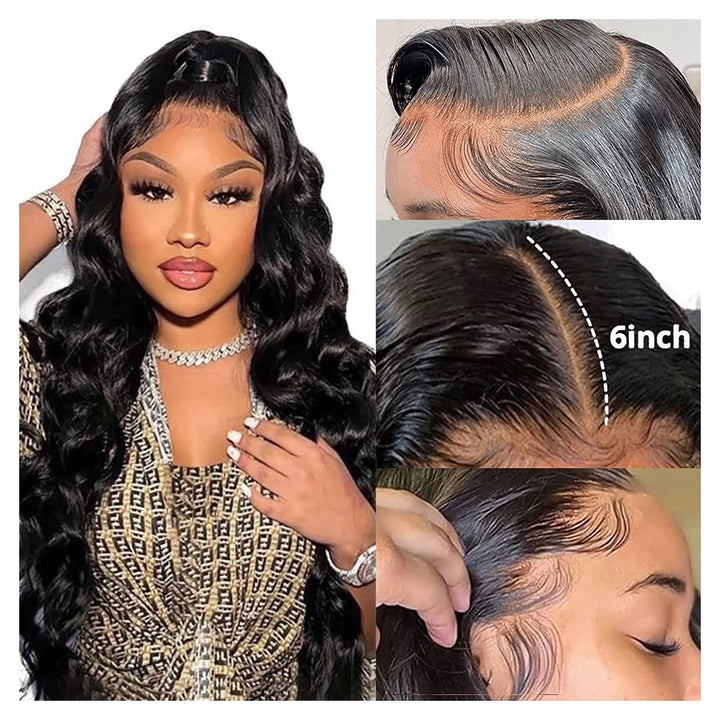 Natural black Body Wave virgin human hair wig with a 13-by-6-inch transparent lace front