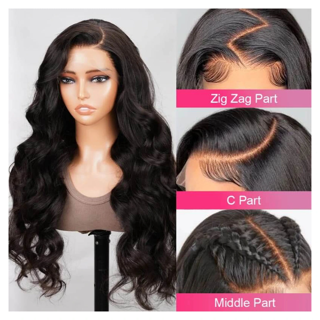 Natural black Body Wave virgin human hair wig with a 13-by-6-inch transparent lace front