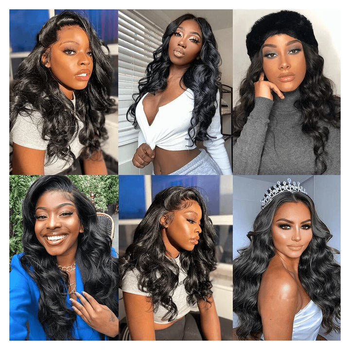 Natural black Body Wave virgin human hair wig with a 13-by-6-inch transparent lace front