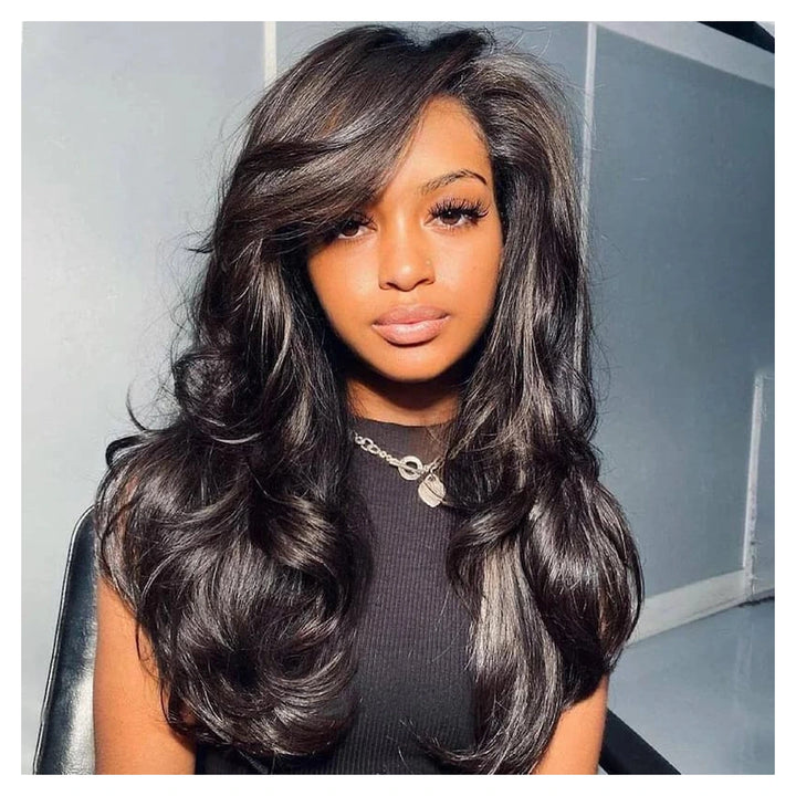 Natural black Body Wave virgin human hair wig with a 13-by-6-inch transparent lace front