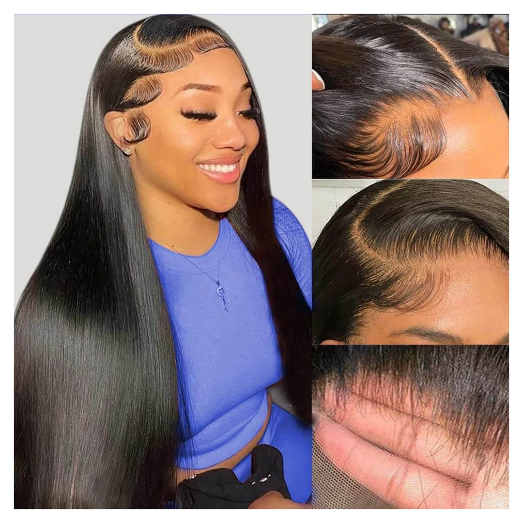 Natural black bone straight virgin human hair wig with a 13-by-6-inch transparent lace front
