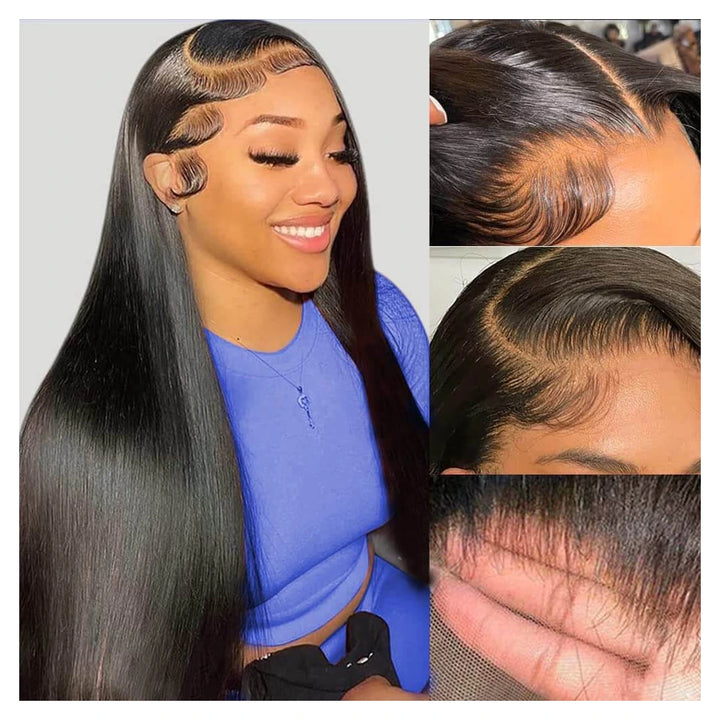 Natural black bone straight virgin human hair wig with a 13-by-6-inch transparent lace front