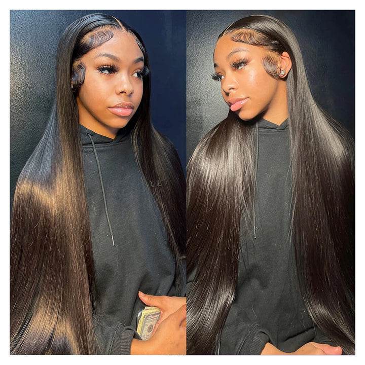Natural black bone straight virgin human hair wig with a 13-by-6-inch transparent lace front