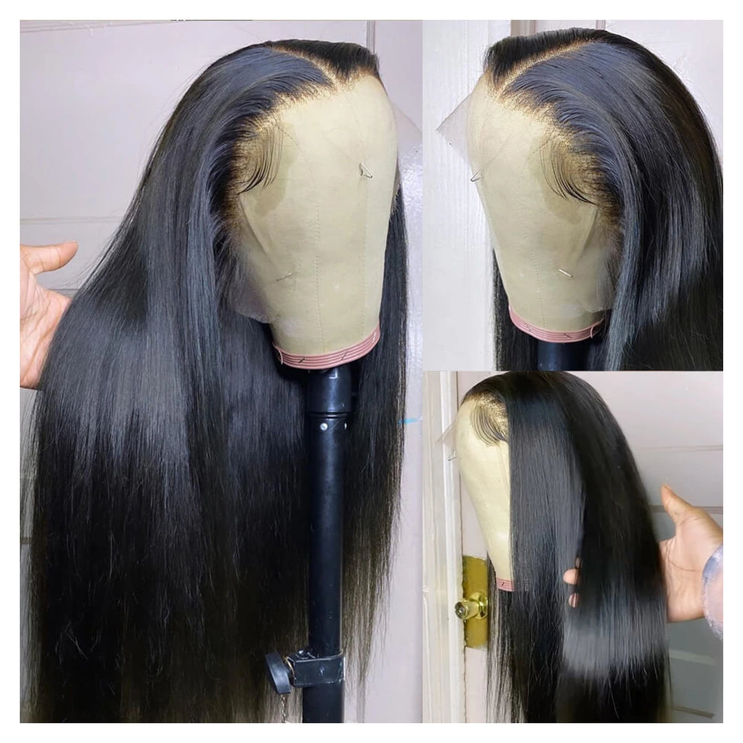 Natural black bone straight virgin human hair wig with a 13-by-6-inch transparent lace front