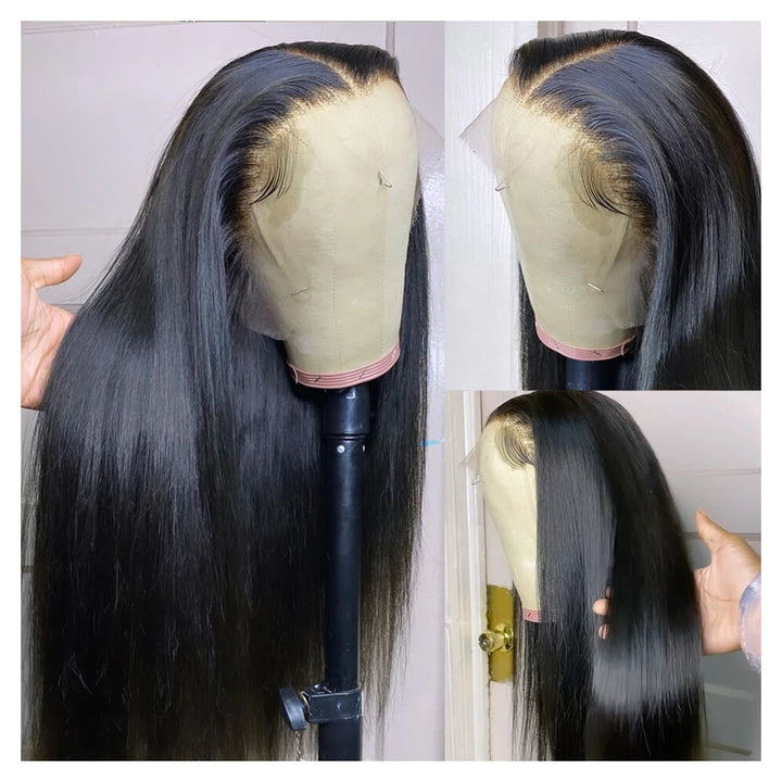Natural black bone straight virgin human hair wig with a 13-by-6-inch transparent lace front