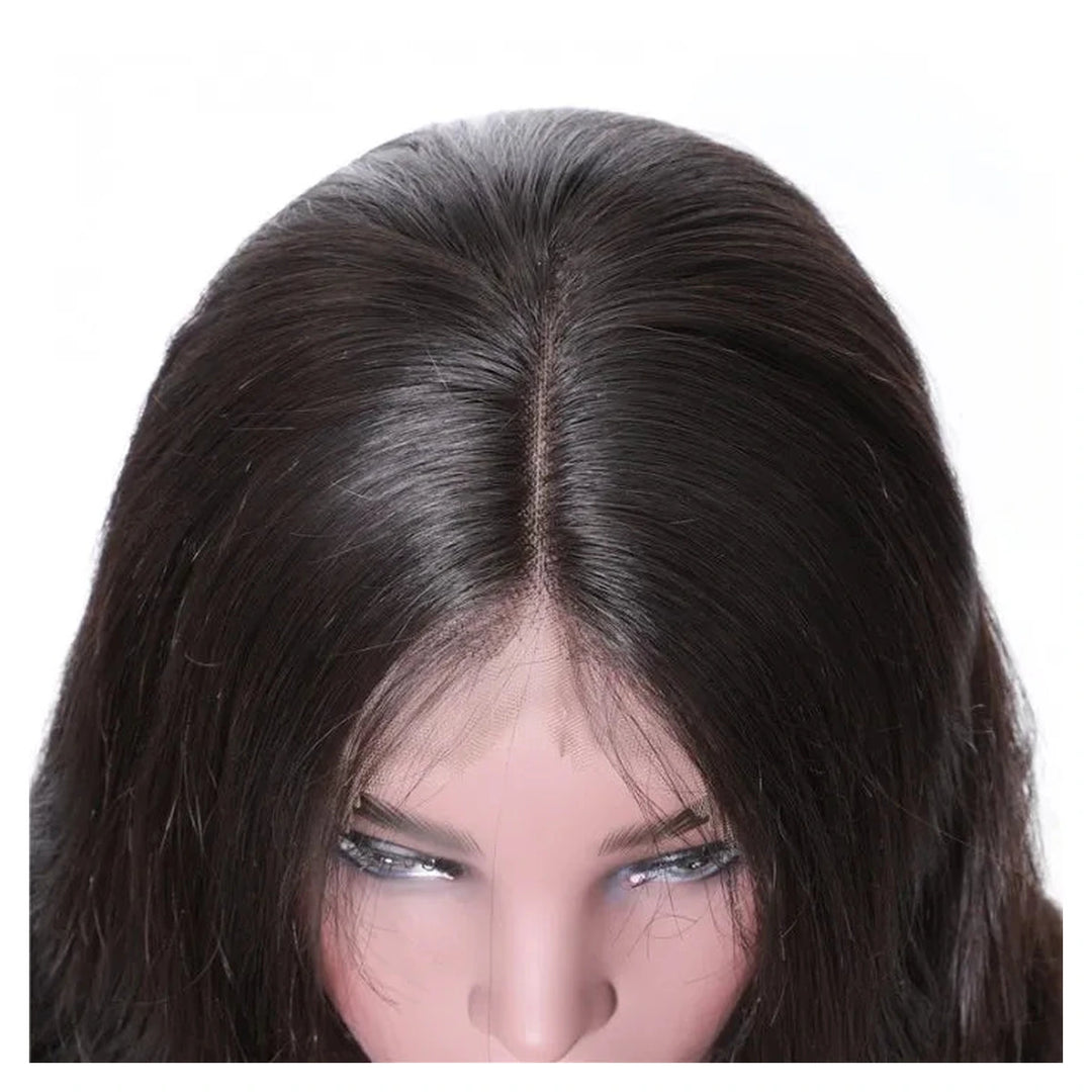 Natural black bone straight virgin human hair wig with a 13-by-6-inch transparent lace front