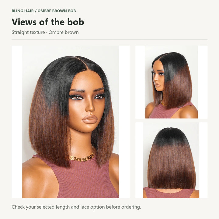 Bling Hair ombre brown straight bob shown on a mannequin from front, side and back angles