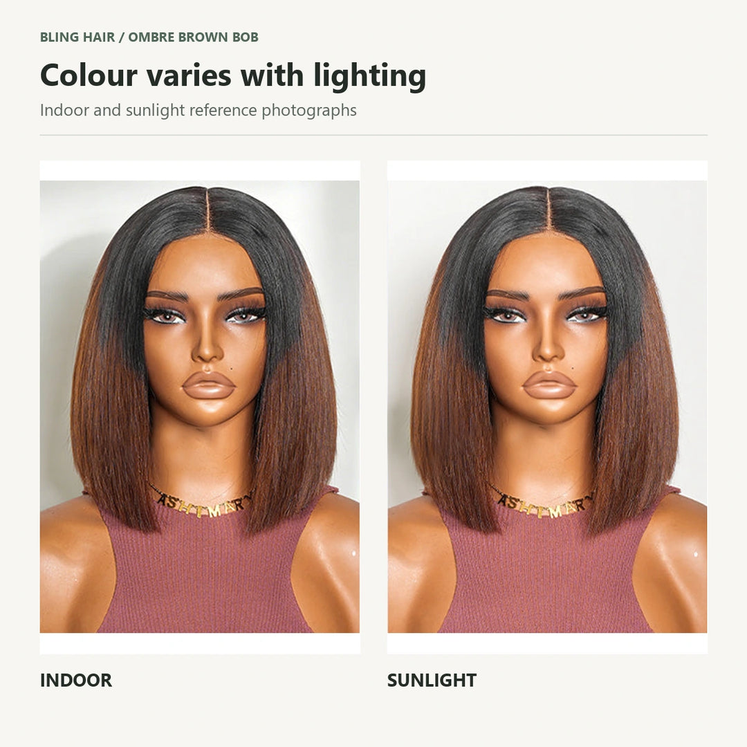 Ombre brown bob photographs comparing indoor lighting and sunlight; colour appearance varies with lighting