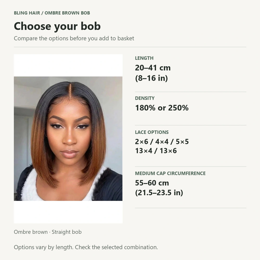 Bob selection guide: 8–16 inches, 180% or 250% density, five lace options and medium cap circumference 21.5–23.5 inches