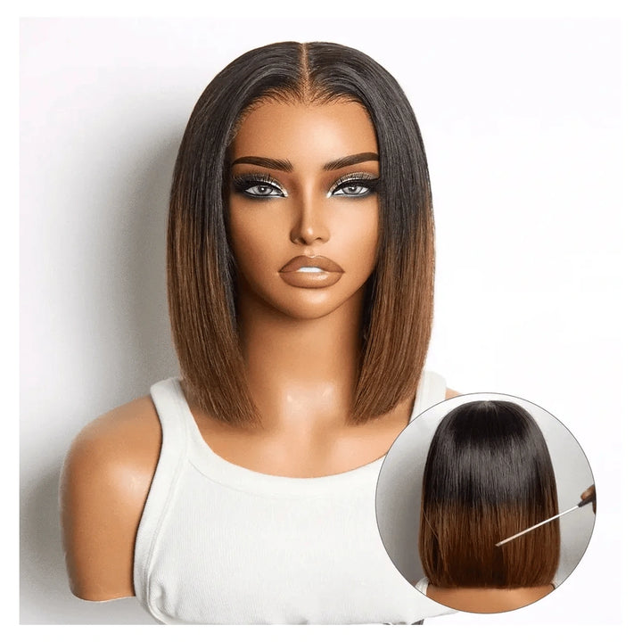 Front view of an ombre brown straight human hair bob wig with dark roots and a centre part