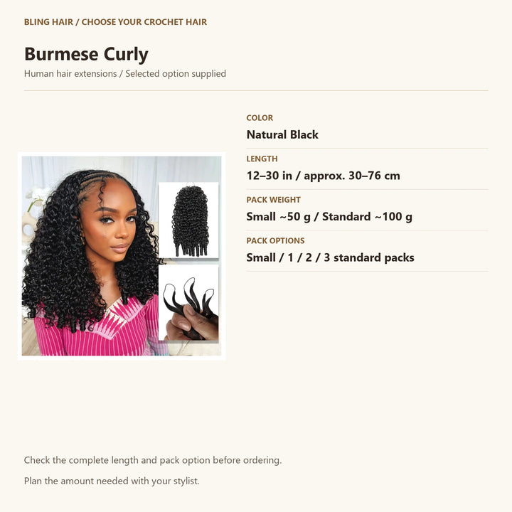 Burmese Curly selection guide, Natural Black, accurate length and pack weight options