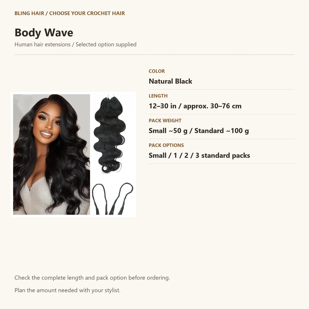 Body Wave selection guide, Natural Black, accurate length and pack weight options