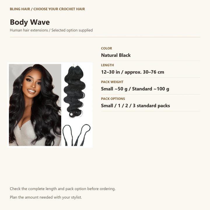 Body Wave selection guide, Natural Black, accurate length and pack weight options