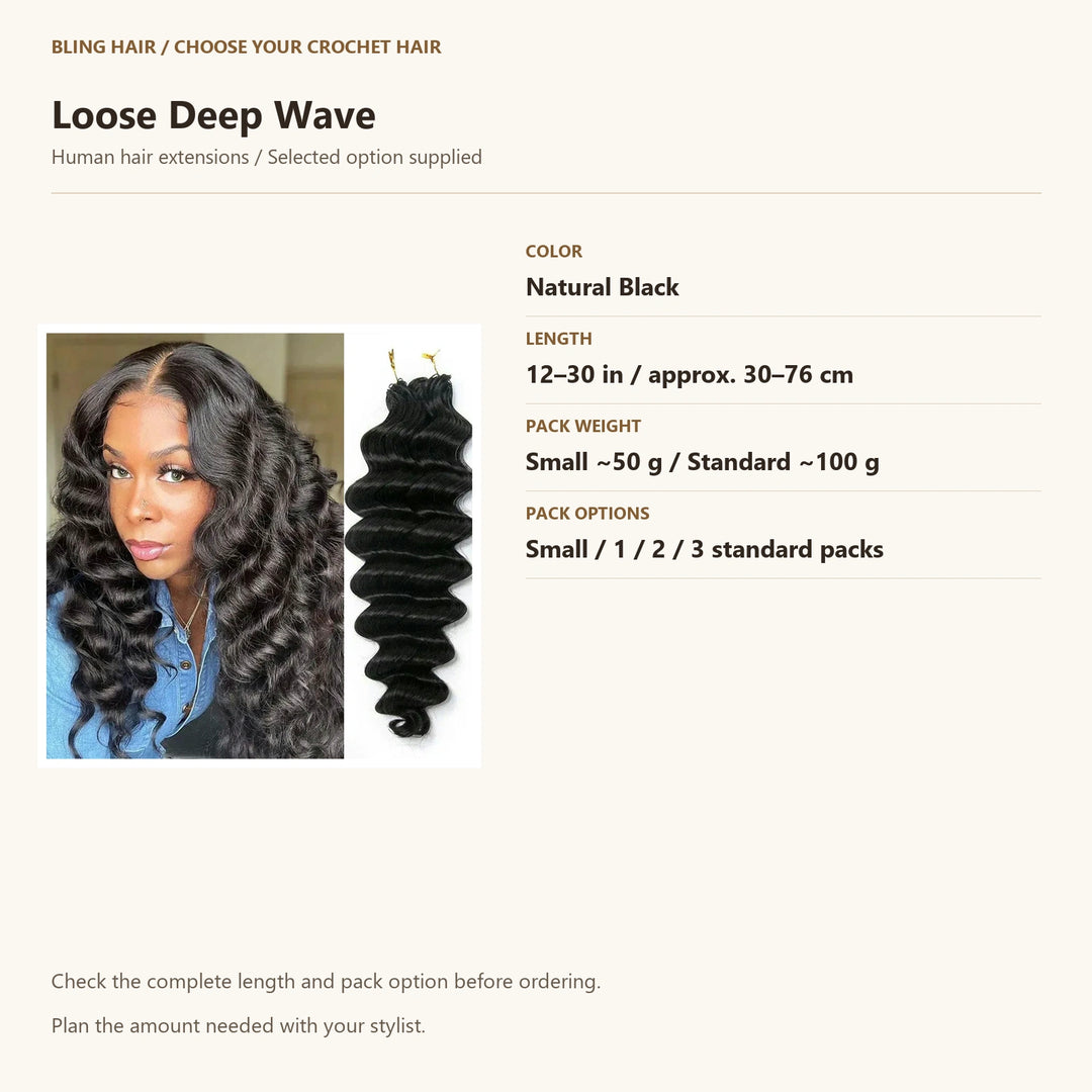Loose Deep Wave selection guide, Natural Black, accurate length and pack weight options