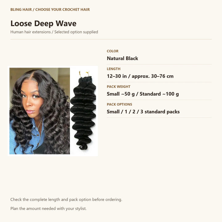 Loose Deep Wave selection guide, Natural Black, accurate length and pack weight options