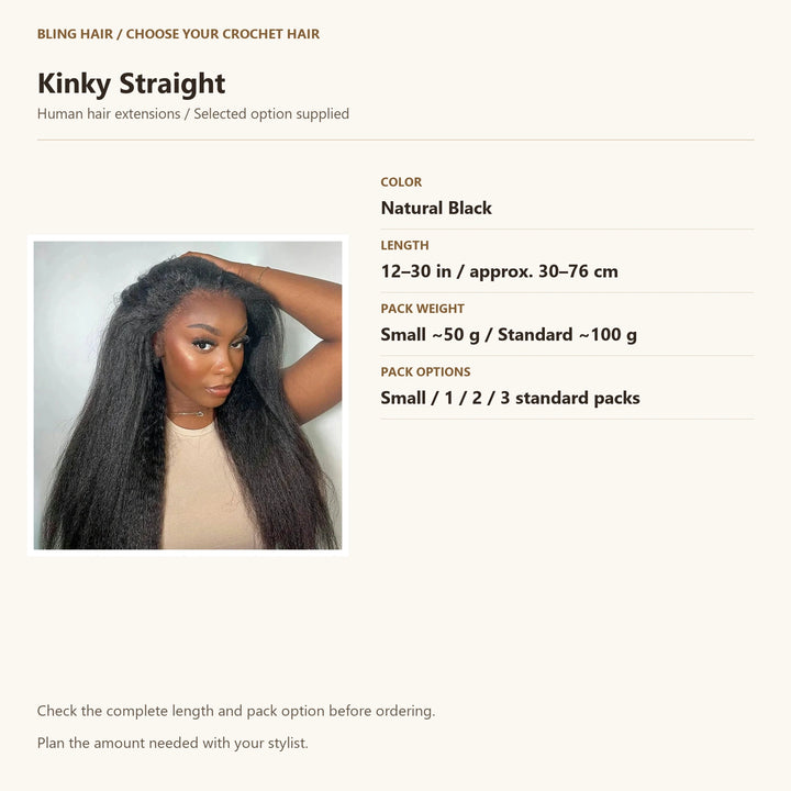 Kinky Straight selection guide, Natural Black, accurate length and pack weight options