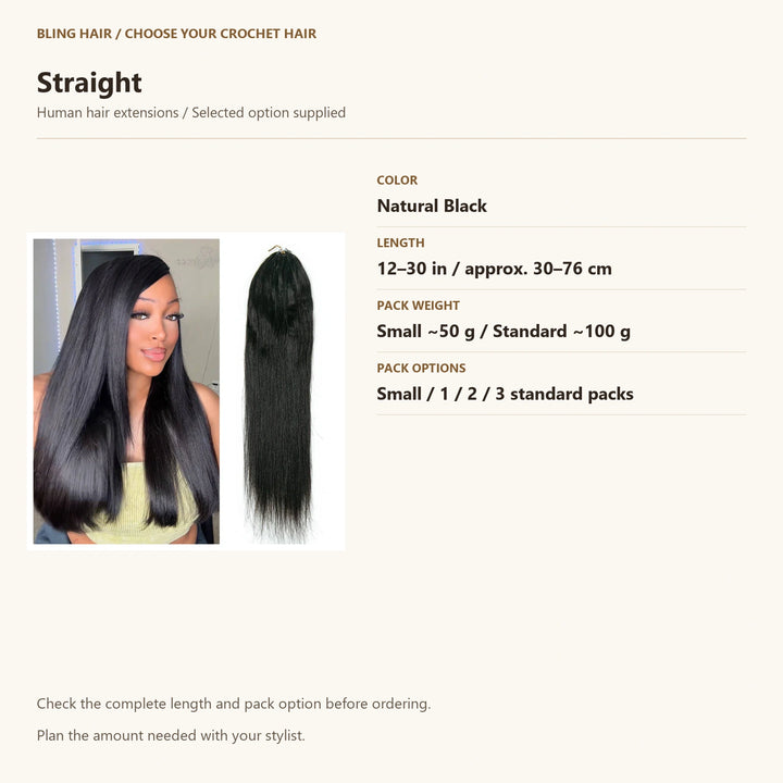 Straight selection guide, Natural Black, accurate length and pack weight options