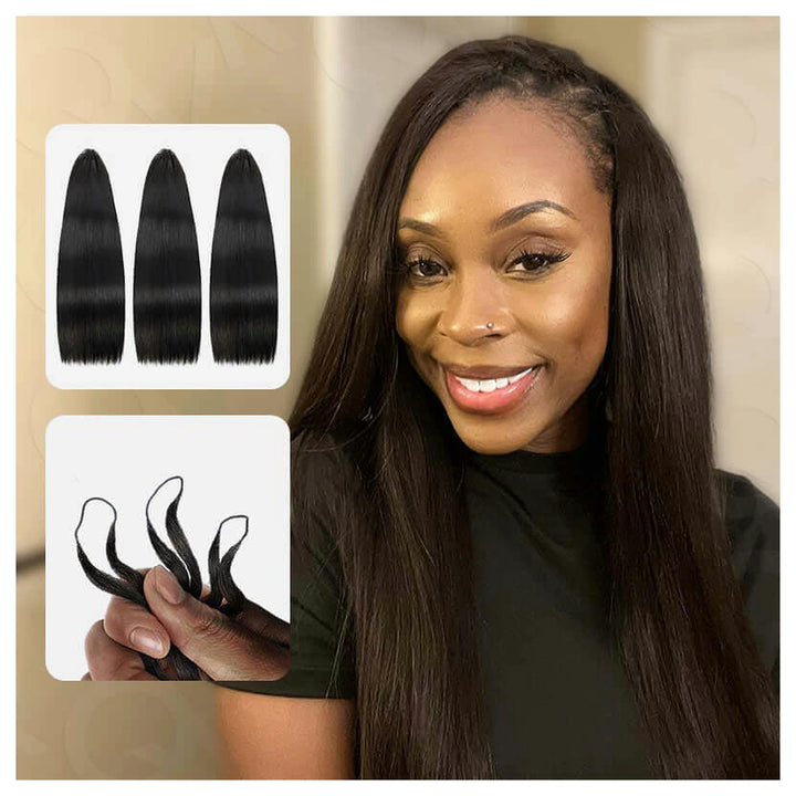 Straight crochet human hair, Natural Black — styled example