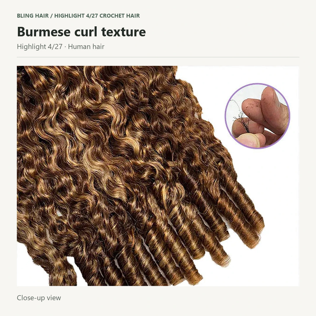 Close-up of Highlight 4/27 Burmese curly human hair texture