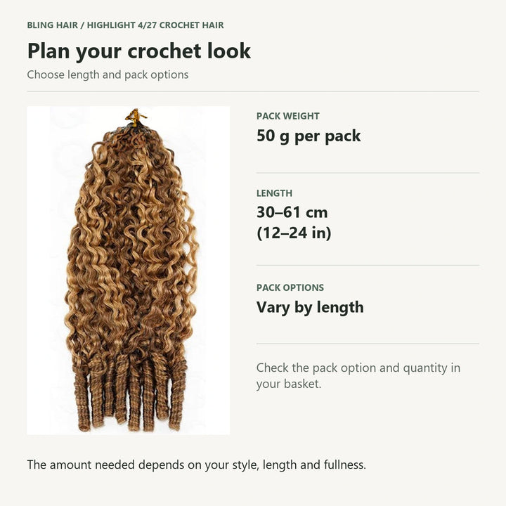 Crochet hair selection guide: 50 grams per pack and 12–24 inches; pack options vary by length and quantity depends on style, length and fullness
