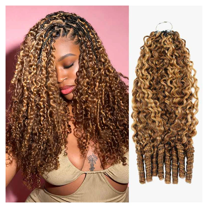 4/27 dark brown and honey-blonde Burmese curly crochet hair, shown as a styled look and a separate hair bundle