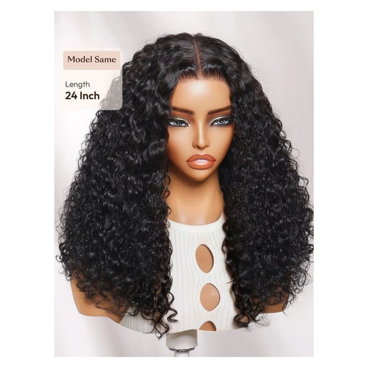Natural black fluffy curly wig shown on a mannequin from the front