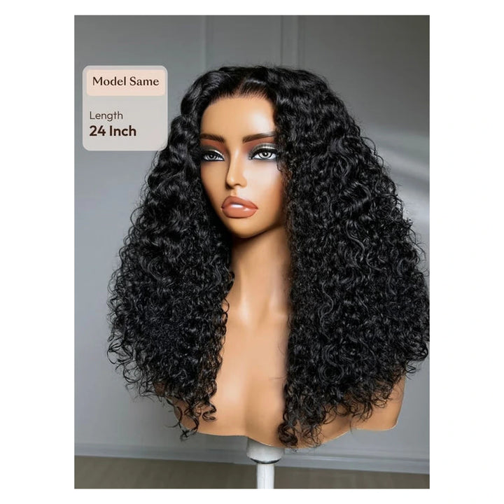 Natural black fluffy curly wig shown on a mannequin from an angled view