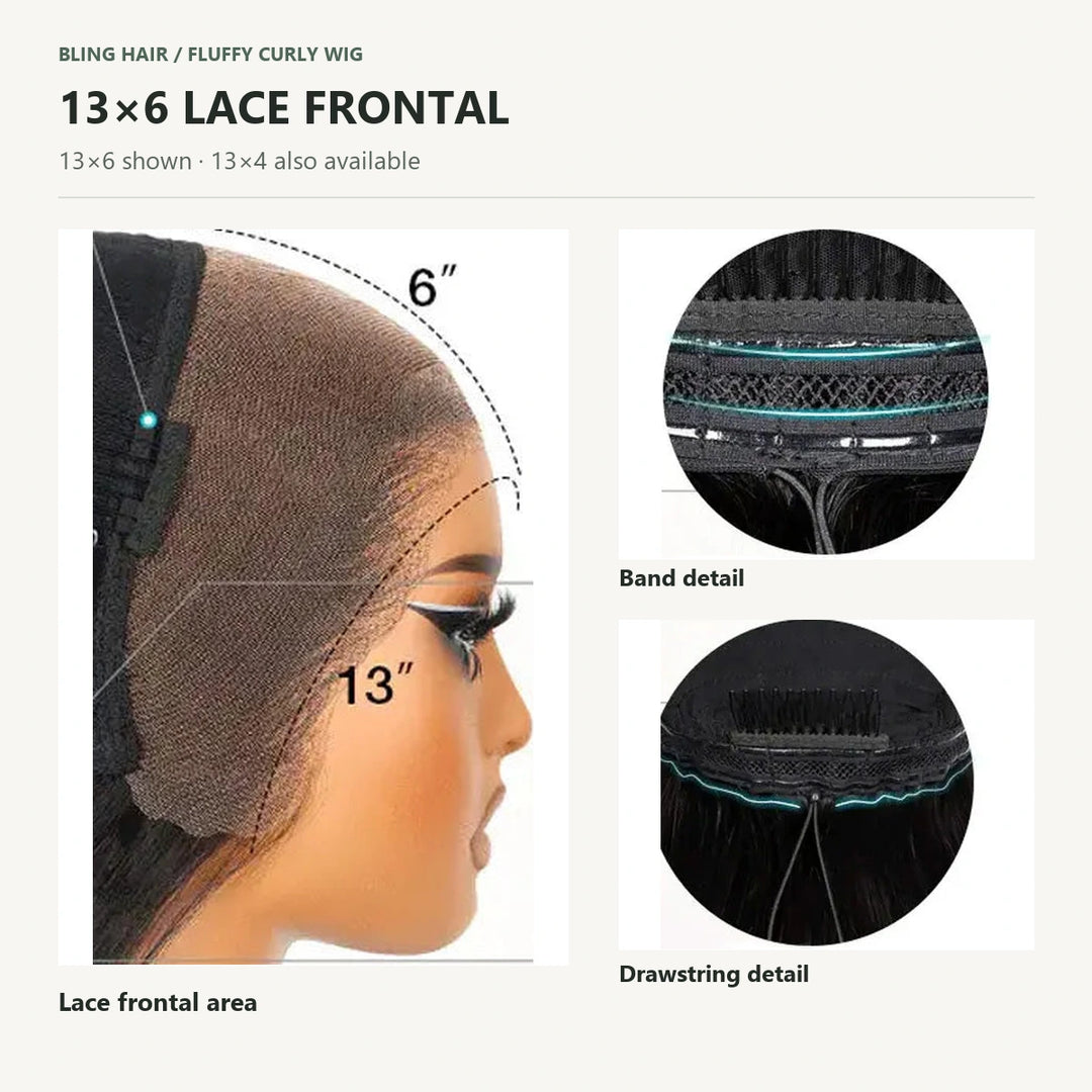 13×6 lace frontal area with band and drawstring close-ups; a 13×4 option is also available