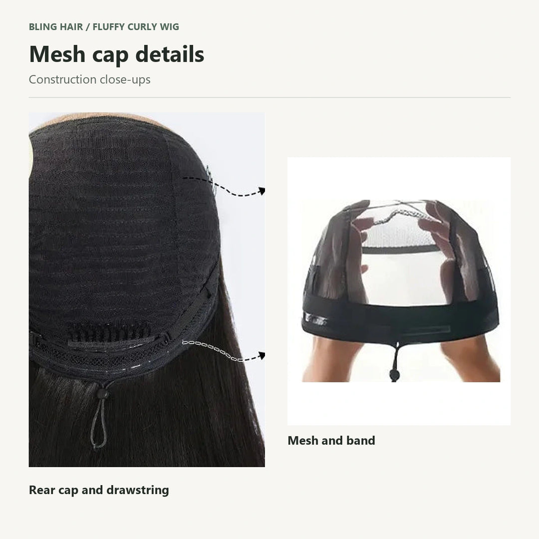 Rear mesh cap and drawstring detail beside a close-up of the mesh and band held open