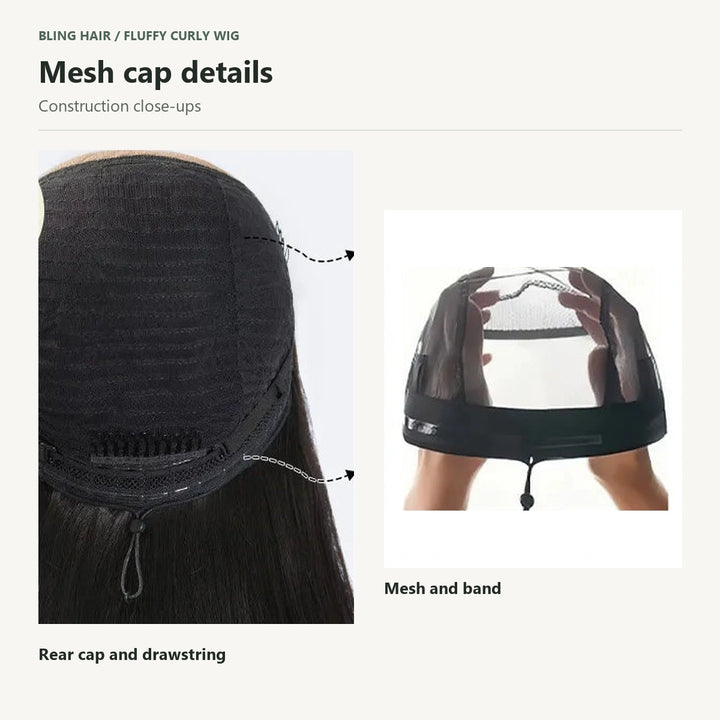 Rear mesh cap and drawstring detail beside a close-up of the mesh and band held open