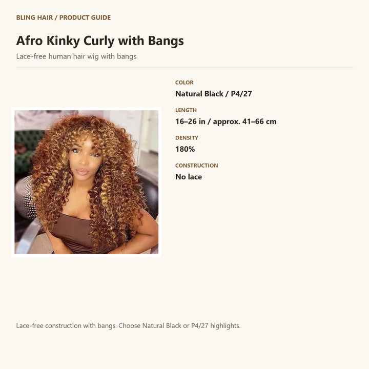 Lace-free human hair wig with bangs — product specification guide