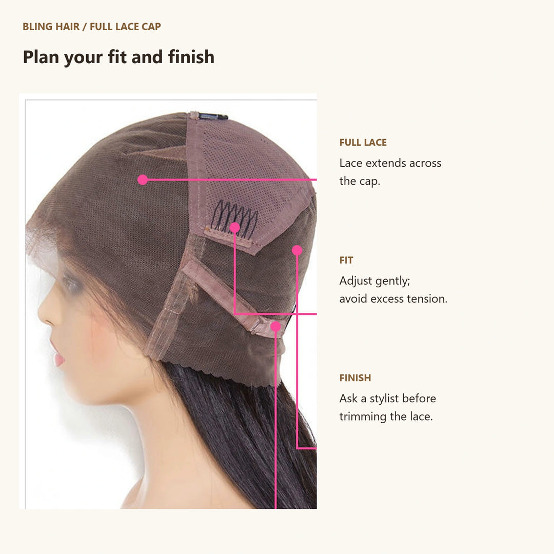 Full lace wig cap detail — full lace coverage, fitting and lace finishing