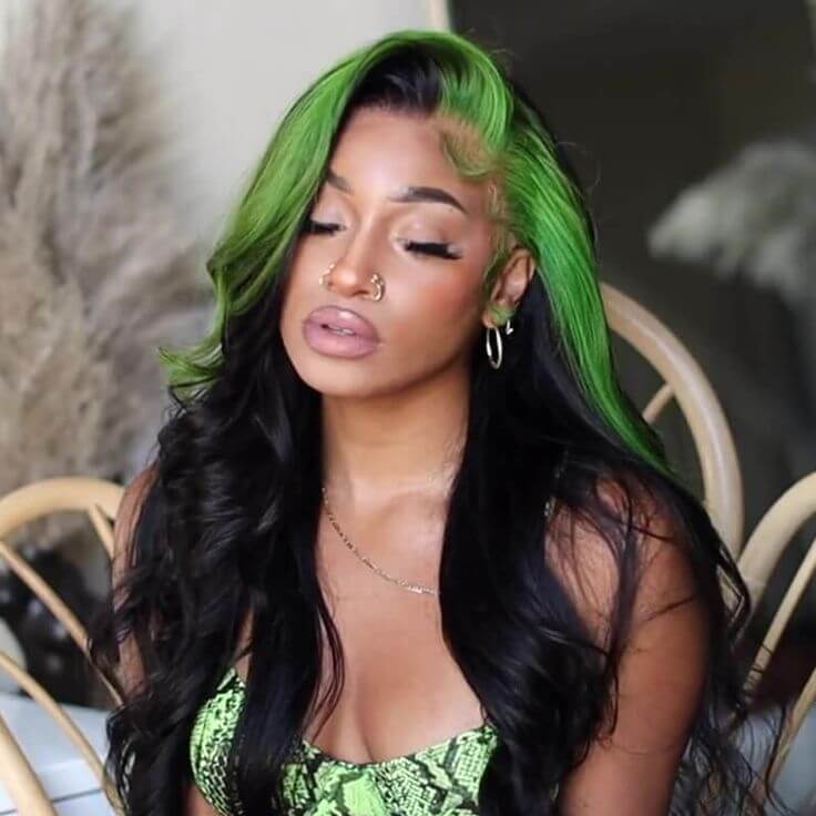 Green Skunk Stripe Color Wig Transparent Lace Front Wigs