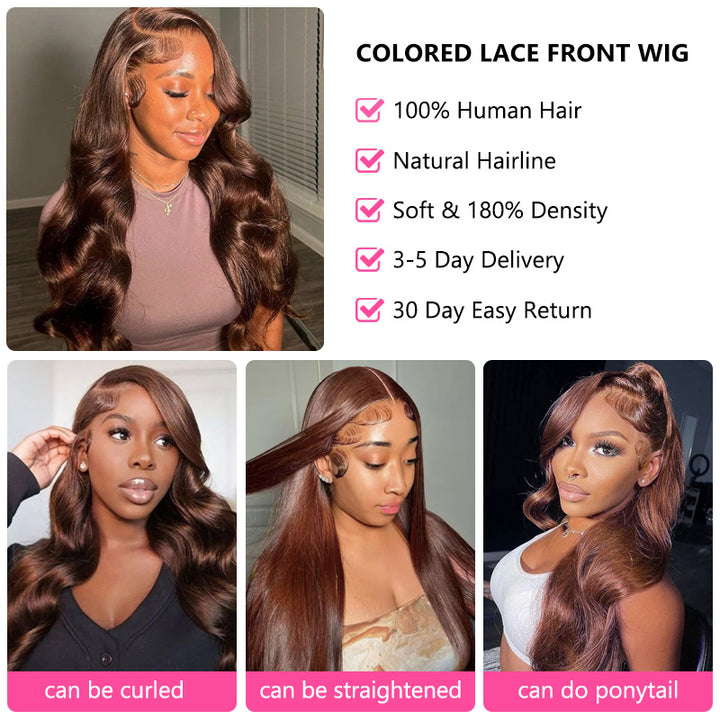 Body Wave Lace Front Colored Human Hair Wigs Brown Burgundy Ginger