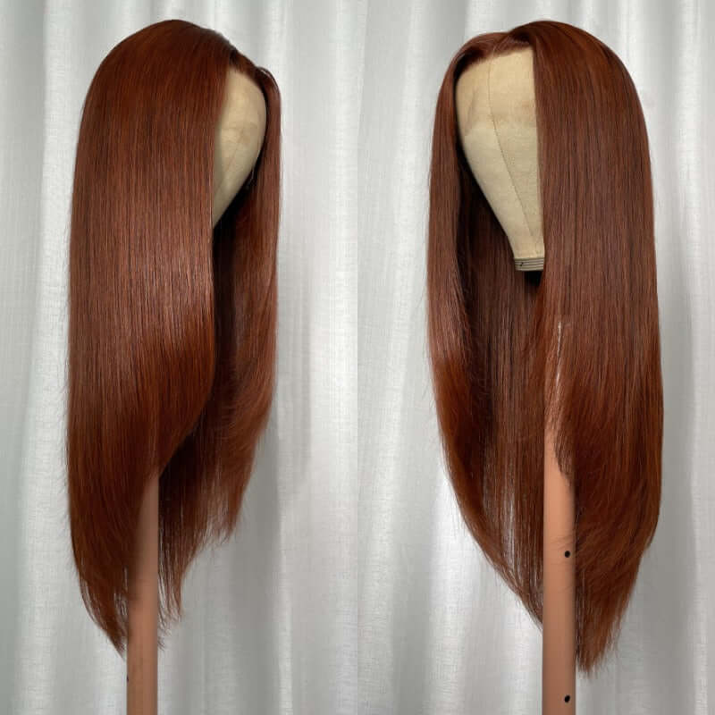 Reddish Brown Bone Straight 13x4 Lace Front Wig Human Hair With Layer Inner Buckle Auburn Copper Color
