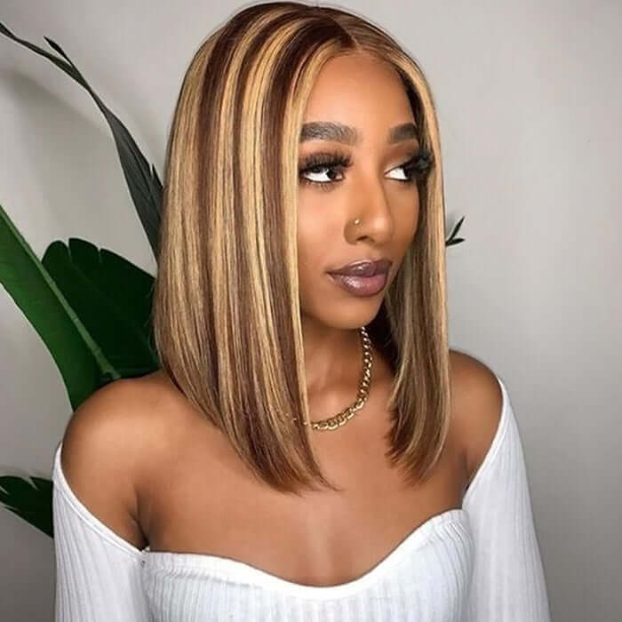 4x6 Wear & Go Highlight Piano Color Straight Glueless Bob Wig with Pre Plucked Hairline & Bleached Knots
