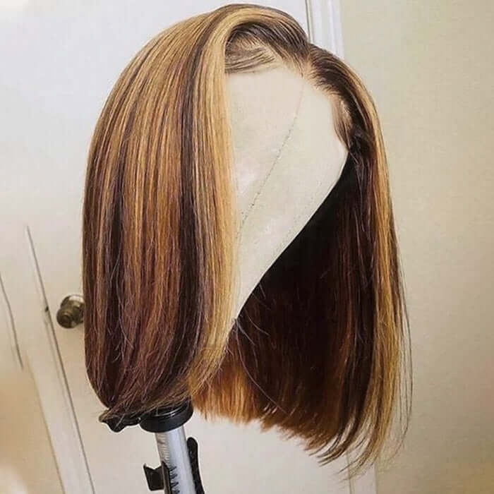 Ready To Wear Pre-Cut 4x6 Highlight Piano Color Straight Glueless Bob Wig with Pre Plucked Hairline & Bleached Knots