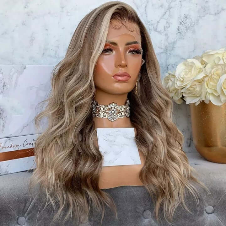 Ash Blonde Wavy Body Wave 13x4 Lace Front Wig With Dark Roots Glueless Human Hair Wig