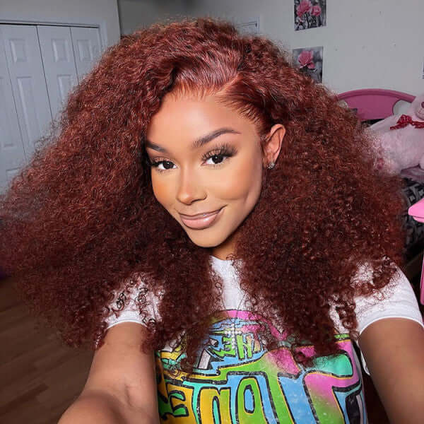 Auburn Brown Color 13x4 Glueless Lace Frontal Wig Kinky Curly Human Hair