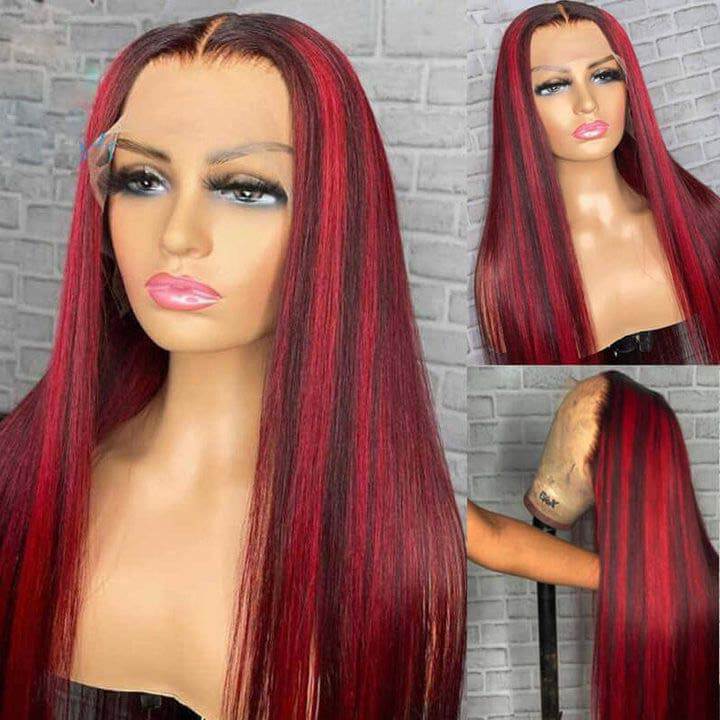 Black Hair With Red Highlights 99J Burgundy 13x4 13x6 Lace Frontal Human Hair Wigs