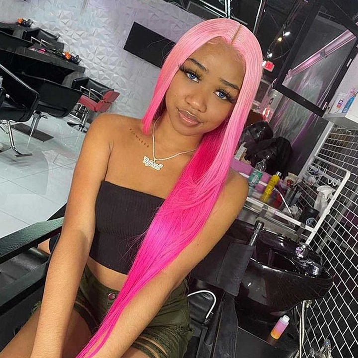 Bone Straight 13x4 Lace Front Wig Human Hair With Layer Inner Buckle Omber Pink Color Wig