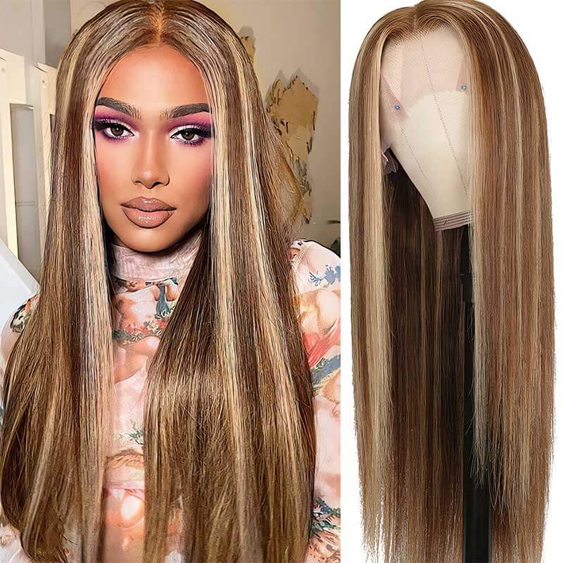 Honey Blonde Piano Highlights Color Hair Straight Colored Wigs