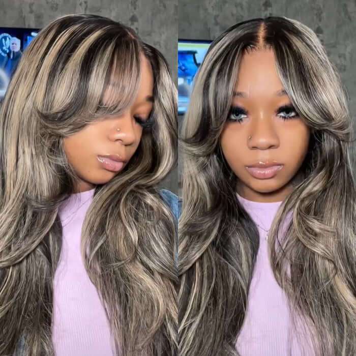 Curtain Bangs Blayage Highlight 1B/27 Color Body Wave Human Hair Glueless Lace Front Wigs