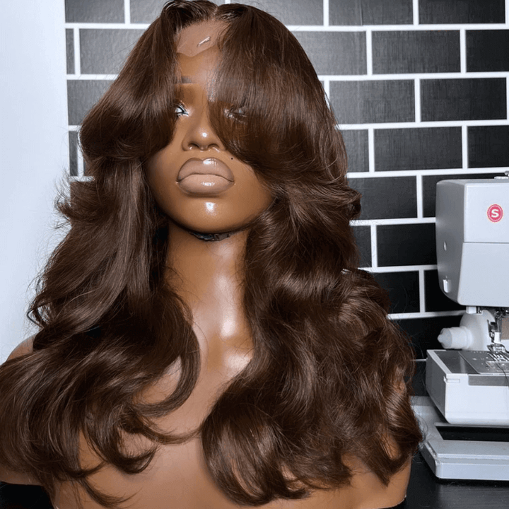 Curtain Bangs Chocolate Brown #4 Glueless Lace Wig  Body Wave Human Hair Wigs