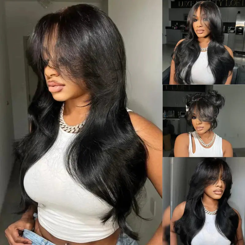 Curtain Bangs Human Hair Wig 250 Density 13X4 Lace Frontal Body Wave Wavy Wigs