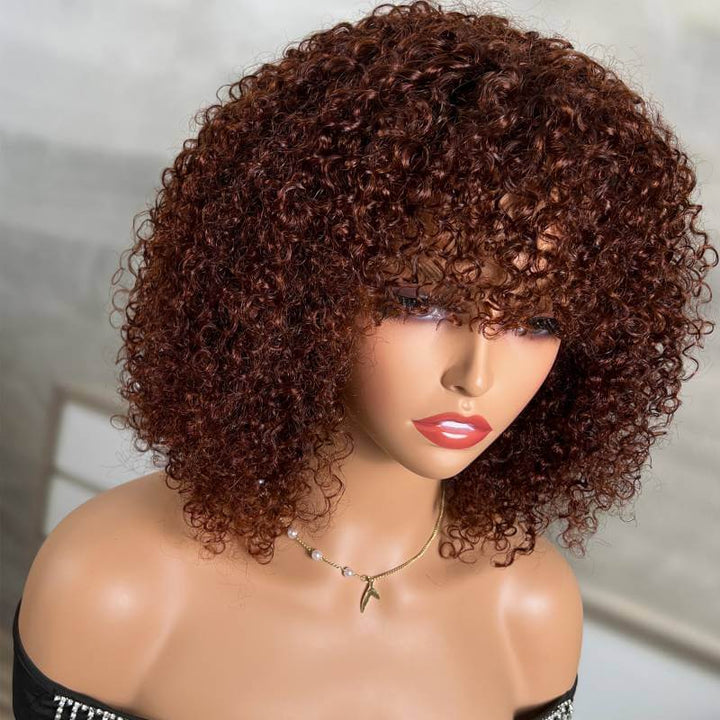 Glueless Ready To Wear Dark Auburn Short Curly Afro Wig With Bangs Machine Made Human Hair Wigs