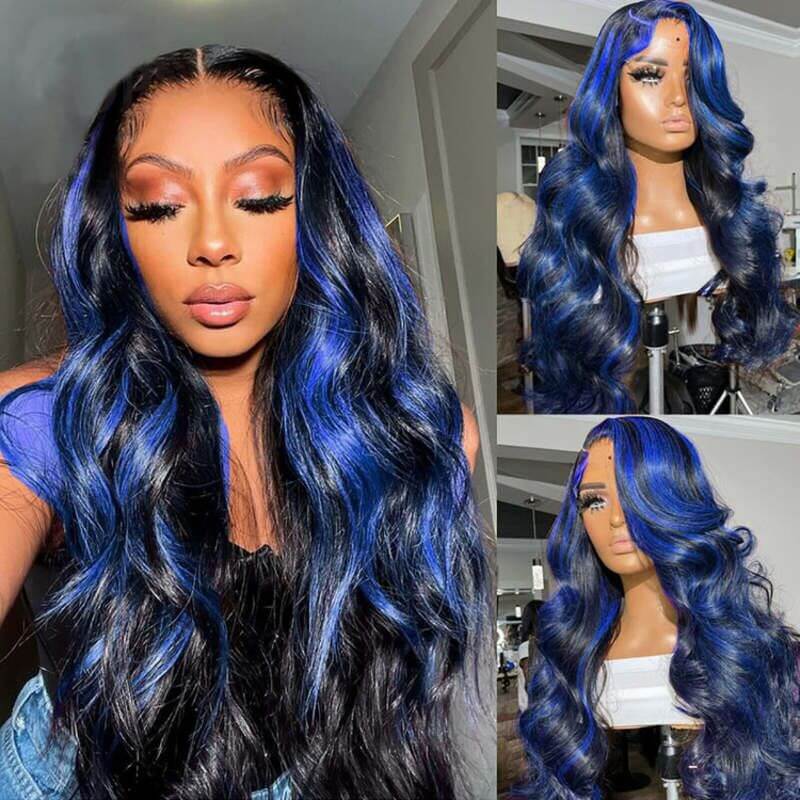 Glueless Highlight Blue Body Wave Transparent Lace Front Color Wigs Human Hair Wigs For Women